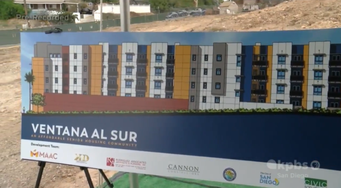 A large sign with a picture of some buildings