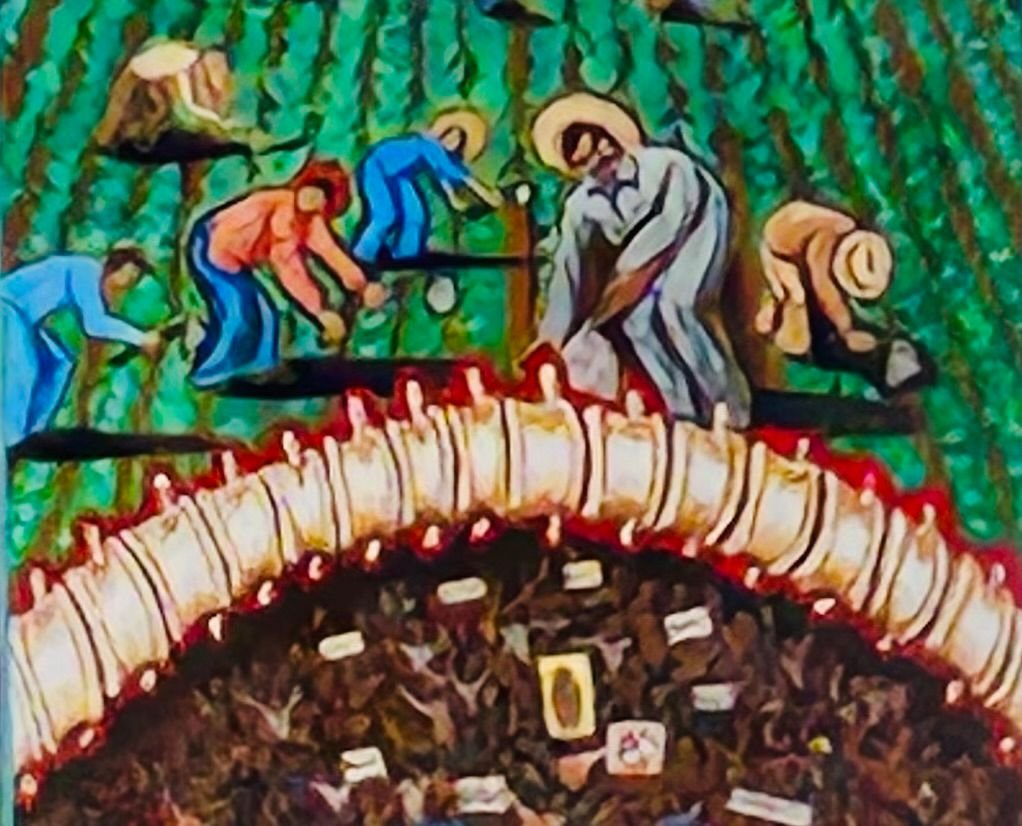 A painting of people working on a roof.